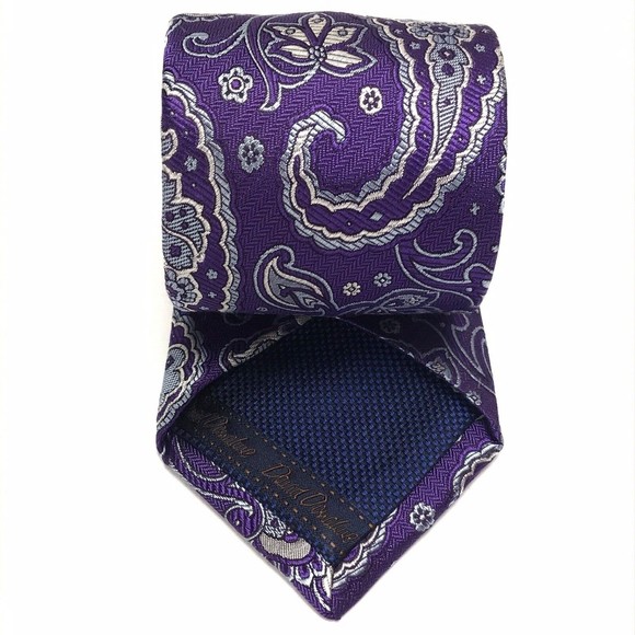 David Donahue Tie Men Silk Purple Light Blue Silver Paisley Necktie Woven Italy - Picture 2 of 12